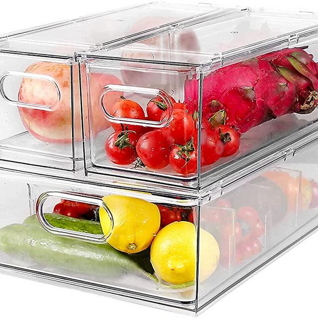 3 Pack Refrigerator Organizer Bins with Pull-out Drawer, Large Stackable Fridge Drawer Organizer Set with Handle, BPA-free Drawable Clear Storage Cases for Freezer, Cabinet, Kitchen, Pantry Organization
