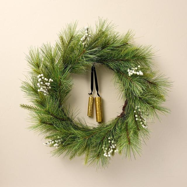 26" Faux Needle Pine & Snowberry Christmas Wreath with Bell Ornaments - Hearth & Hand™ with Magnolia