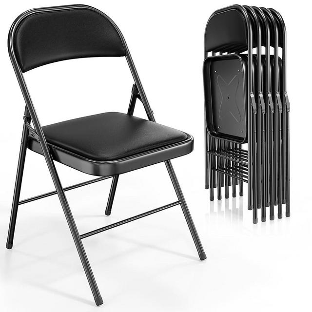VINGLI Folding Chairs with Padded Seats, Metal Frame with Pu Leather Seat & Back, Capacity 350 lbs, Black, Set of 6