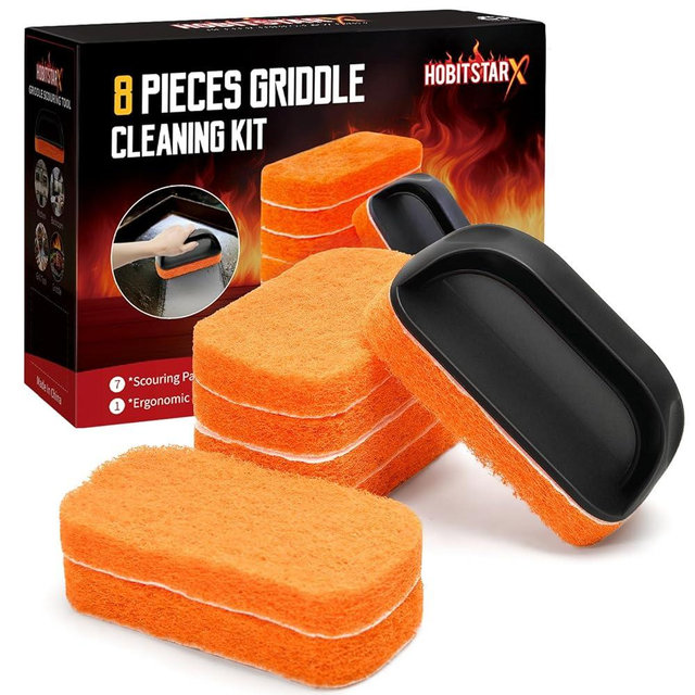 Griddle Cleaning Kit for Blackstone, Flat Top Grill Cleaner - Non-Scratch Scouring Pads for Blackstone Griddle Accessory,7 Griddle Scrubber Pads with 1 Handle,Easy Cleaning on Hot or Cold Surfaces