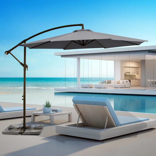 HYLEORY 10ft Cantilever Patio Umbrella with Weighted Base, Heavy-Duty Offset Hanging Umbrella with Crank for Garden & Deck/ Fabric Color: Dark Gray