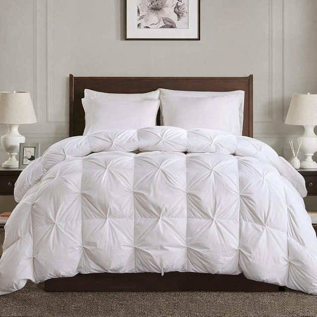 APSMILE Pinch Pleat Feather Down Fiber Comforter - All Season High Fill-Power Duvet Insert Full/Queen Size Ultra-Soft Medium Warm Bed Comforter with Corner Tabs(90x90, White)