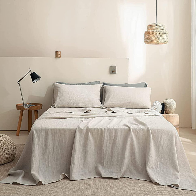 Simple&Opulence 100% Linen Sheet Set Solid Color-4 Pcs Washed French Linen Bed Sheets(1 Flat Sheet,1 Fitted Sheet,2 Pillowcases)-Breathable Bedding Set (Linen, King)
