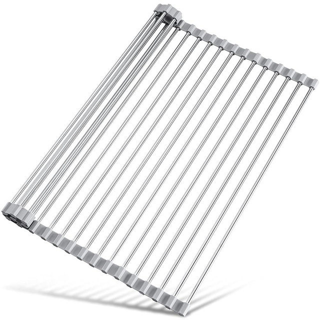 Tomorotec 21" x 15.5" Roll Up Dish Drying Rack Over Sink Drying Rack Sink Cover Kitchen Sink Accessories Gadget Multipurpose Organizer Foldable Stainless Steel Drainer
