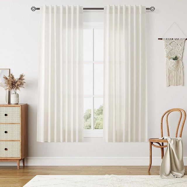 Nanspring Linen Curtains 63 Inches Long Short Curtain 2 Panels for Living Room Semi Sheer Back Tab Rod Pocket Light Filtering Privacy Soft Lightweight Drapes for Bedroom Natural Cream W50 x L63