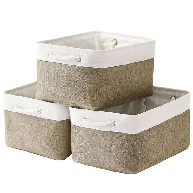 TheWarmHome Storage Basket for Organizing - 16x12x8 inch Large 3 Pack Collapsible Storage Bin for Shelves with Handles, Fabric Storage Cubes for Organizer Cloth Gift Toy Closet (Whiet & Khaki)