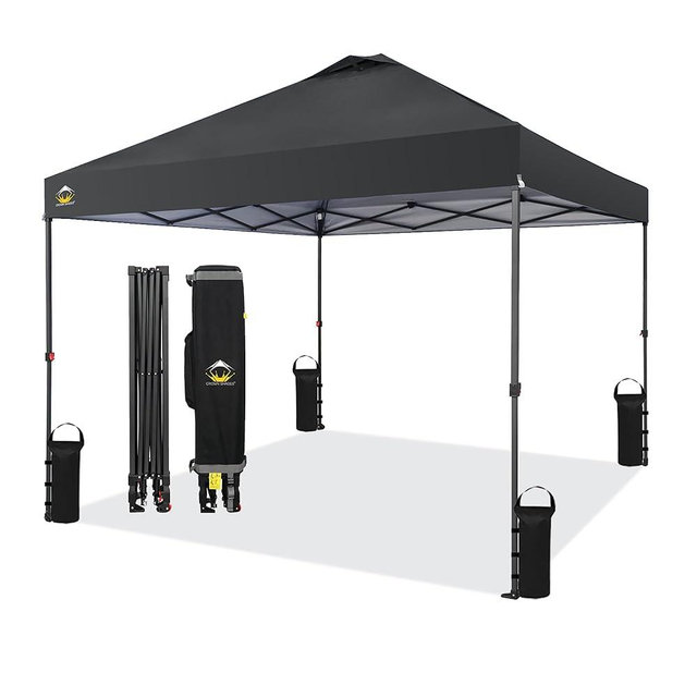 CROWN SHADES 10x10 Pop Up Canopy - Beach Tent with One Push Setup - Outdoor Canopy Tent with STO-N-Go Cover Bag for Events, Parties, Silver Coated Top, 3 Height & 4 Sand Bags,Black