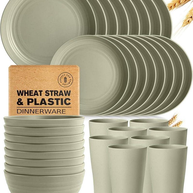 Teivio 32-Piece Kitchen Plastic Wheat Straw Dinnerware Set, Service for 8, Dinner Plates, Dessert Plate, Cereal Bowls, Cups for Everyday Dining, Unbreakable Plastic Outdoor Camping Dishes, Boho