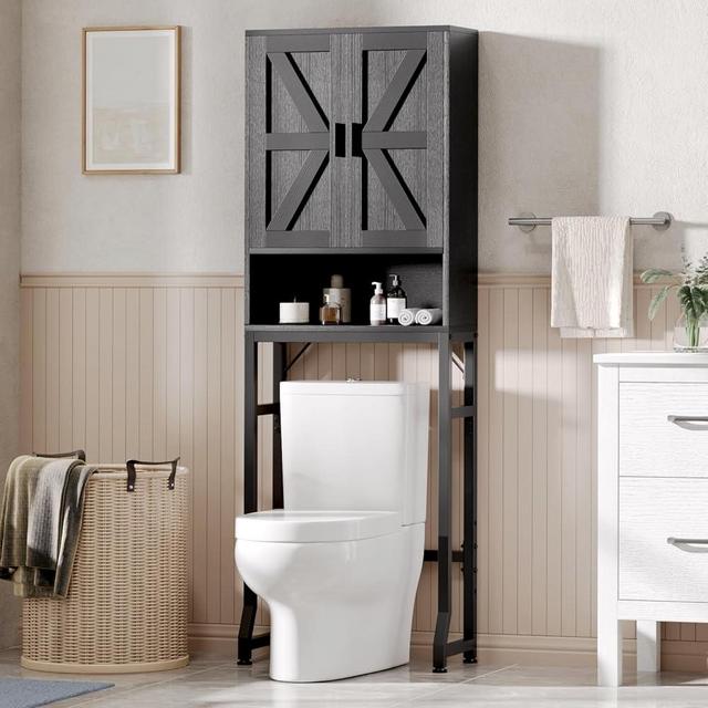USHOWER Over The Toilet Storage Cabinet, Bathroom Organizers and Storage with Barn Doors, Thicken Metal Stand & MDF Wood Above Toilet Storage Cabinet, Freestanding Space Saver, Black