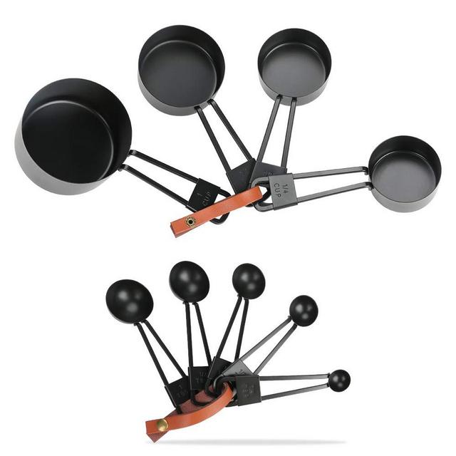 welltop 9-Piece Stainless Steel Measuring Cups and Spoons Set, Perfect Measures for Liquid and Dry Ingredients, Including 4 Nesting Cups and 5 Stackable Spoons, with Ring Connector (Black)