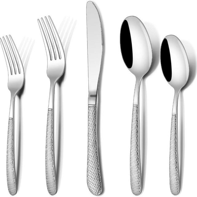 Hammered Silverware Set, 40-Piece Stainless Steel Heavy Dury Flatware Set for 8, Food-Grade Tableware Cutlery Set, Utensil Sets for Home Restaurant, Mirror Finish, Dishwasher Safe