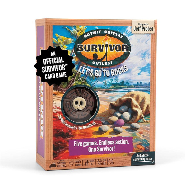 Exploding Kittens Survivor: Let’s Go to Rocks Game for Ages 8+, 2 to 6 Players, Strategy and Challenge Party Game with Rocks, Cards, and Immunity Necklace.