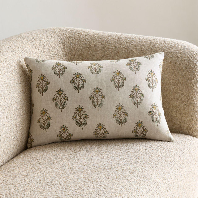 Vivonne Linen 22"x15" Moroccan Ocher Reversible Hand Printed Throw Pillow with Feather Insert