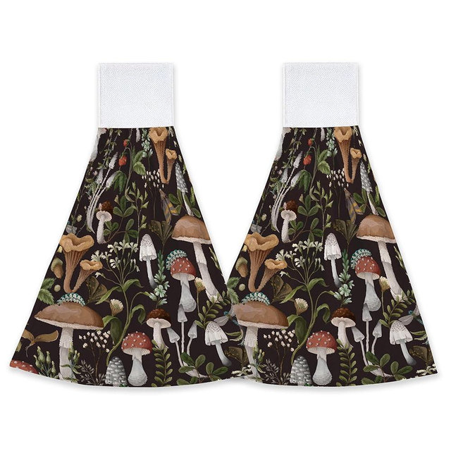 Mushroom Leaves Berries and Bugs Hand Towels with Loop Set of 2 Fast Drying Hand Tie Towel Soft Kitchen Tea Dish Cloth Towels for Bathroom Farmhouse Home Decor