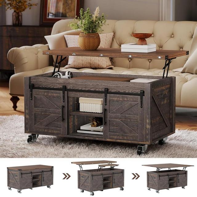 Turosur Lift Top Coffee Table with Storage, 4 in 1 Farmhouse Coffee Table with Lockable Rolling Wheels, Lifting Coffee Tables with 4 Sliding Barn Door for Living Room