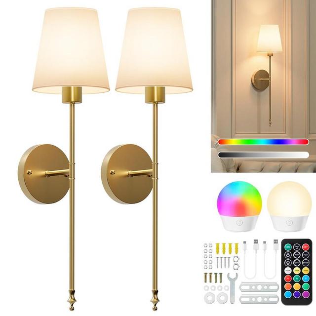 Brightown Battery Operated Wall Sconces Set of 2, Cordless Wall Lights with Rechargeable Bulbs and Remote, 12 Lighting Colors and Dimmable, Battery Powered Wall Lights for Bedroom Living Room, Glod