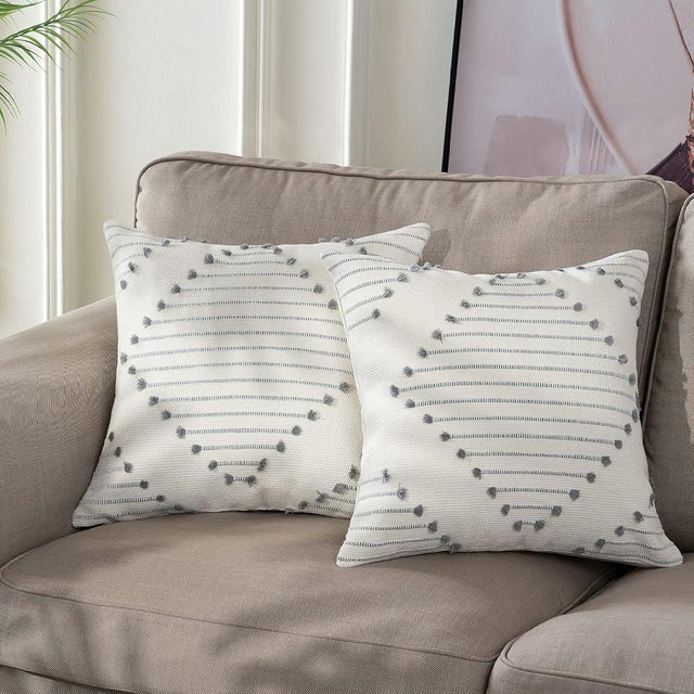 blue page Set of 2 Boho Throw Pillow Covers 24x24 Tufted Diamond Decorative Pillow Covers, Modern Accent Farmhouse Woven Cases, Square Neutral Throw Pillows for Couch Bed, Grey and Cream