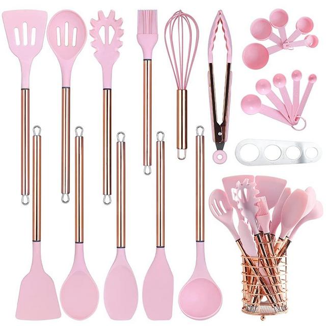 Arquiel Kitchen Utensil Set with Holder, 22 Pcs Silicone Cooking Utensils Set for Nonstick Cookware, Heat Resistance Spatula Set, Stainless Steel Handle Kitchen Gadgets Utensils Set(Pink)