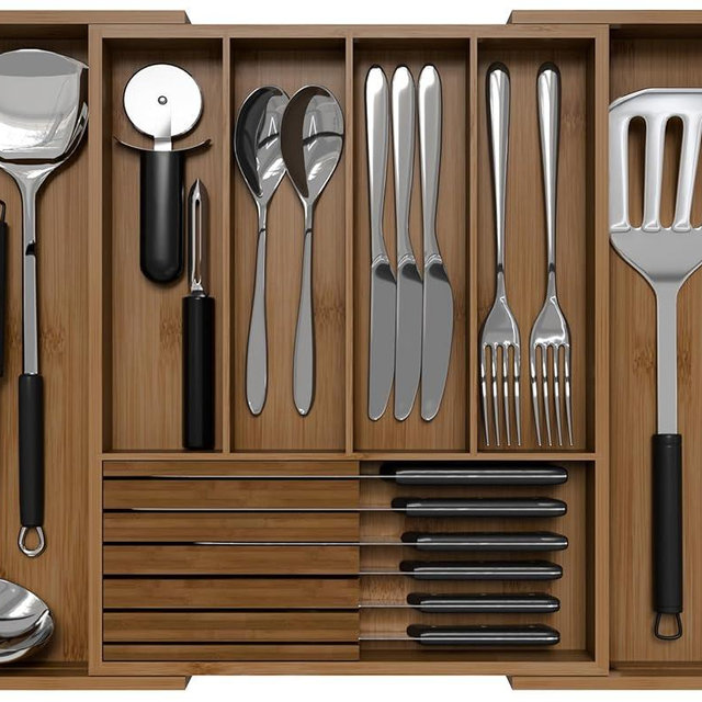 Bamboo Kitchen Silverware Drawer Organizer - Expandable Wood Utensil Holder with Dividers, Luxury Cutlery Storage Tray for Kitchen Utensil and Flatware (5-7 Slots with Removable Knife Block, Walnut)