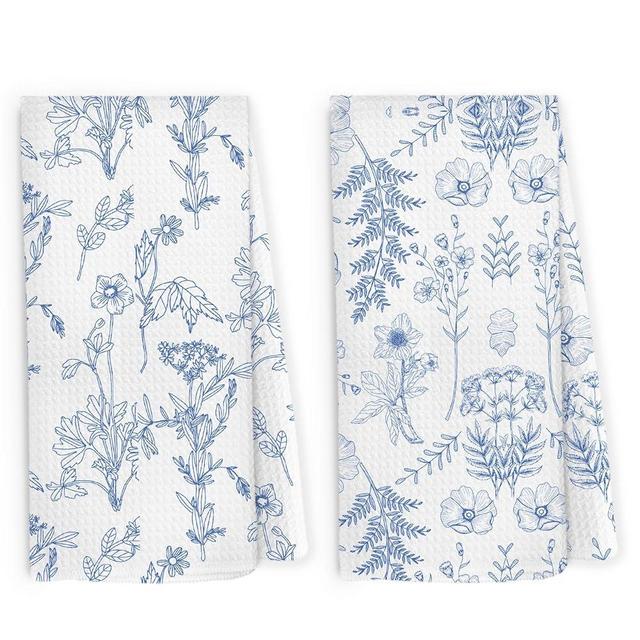 Pugwak Vintage Flower Kitchen Dish Towels 16x24 Inch Set of 2, Aesthetic Botanical Floral Tea Towel Gifts for Women Girls, Blue and White Chinoiserie Decorative Hand Towels Tea Towels