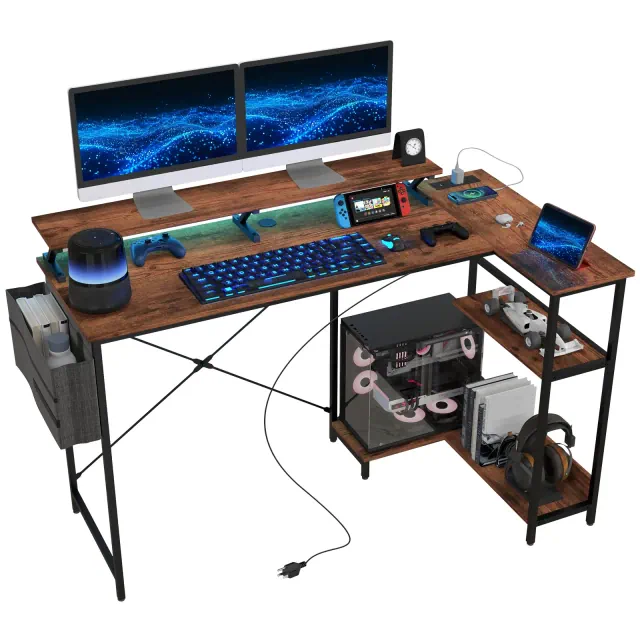 HOMCOM 58" Reversible L Shaped Desk with Storage Bag, Corner Computer Desk with Power Outlet and LED Light, Monitor Shelf and CPU Stand, Rustic Brown