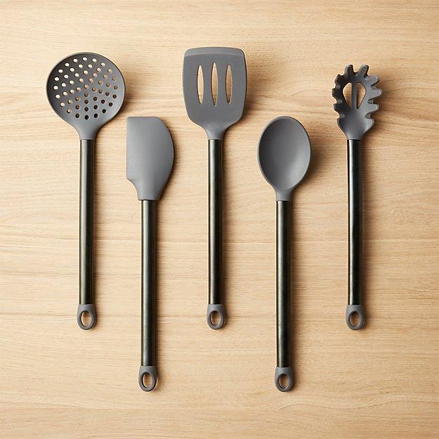 Brushed Grey and Black Silicone Utensils Set of 5