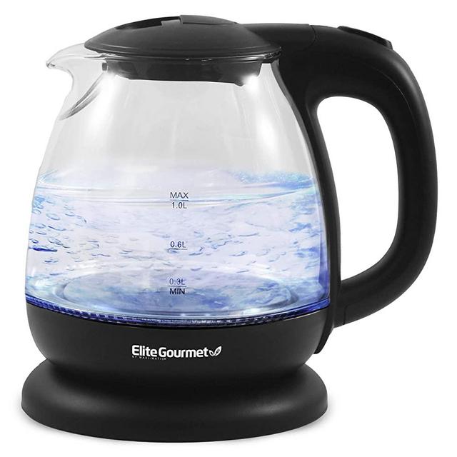 Elite Gourmet EKT1001 Electric BPA-Free Glass Kettle, Cordless 360° Base, Stylish Blue LED Interior, Handy Auto Shut-Off Function – Quickly Boil Water For Tea & More, 1L, Black