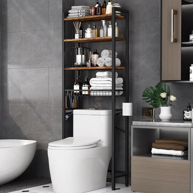 Kalrin Over-The-Toilet Storage Rack, 4-Tier Bathroom Organizer Shelf Over Toilet with Adjustable Shelf and Basket, Freestanding Space Saver Bathroom Shelves Above Toilet for Room, Rustic Brown