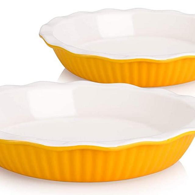 AVLA 2 Pack Ceramic Pie Dish, 9 Inches Pie Pan Pie Plate Round Baking Dish Pan with Ruffled Edge for Kitchen Cooking Dessert Dinner, Yellow