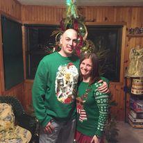Our first Christmas together wearing our ugly Christmas sweaters.