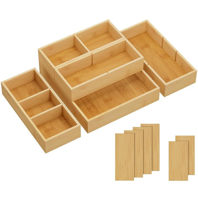 Lifewit Drawer Organizers 5 Pack(11 Grid) with 6 Inserts, Adjustable Bamboo Wooden Drawer Dividers, Stackable Storage Box for Utensils, Silverware, Makeup, Junk in Kitchen/Bathroom/Office/Vanity