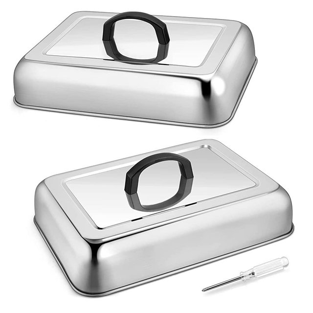 Joyfair 13 x 9 Inch Melting Basting Cover Set of 2, Stainless Steel Metal Cheese Melt Domes Rectangular for Outdoor/Indoor Flat Top Griddle, Heat-Resistant Handle & Screwdriver, Dishwasher Safe