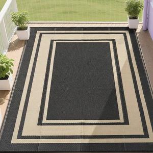 RURALITY Outdoor Rug 9x12 Waterproof for Patio Clearance,Large Plastic Straw Mat for Camping,Porch,RV,Reversible,Black and Beige