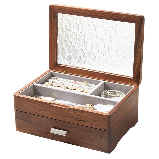EURIELK Wooden Jewelry Box, Large Size Case, Natural Solid Walnut Wood Vintage Trinket Organizer with 2-Layer Storage, Drawer, Ring Compartments, Necklace Hooks, Glass Lid, ek06-b-walnut