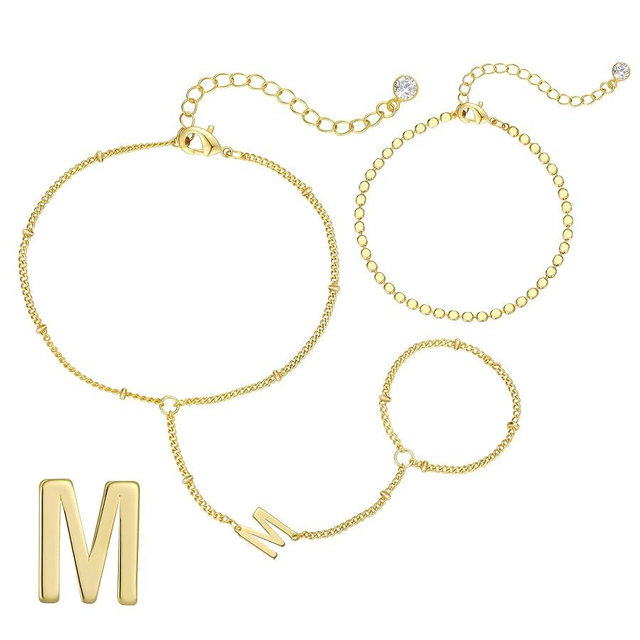 Ascona Initial Hand Chain Bracelet for Women-14K Gold Plated Ring Bracelet Hand Chain for Women Trendy,Dainty Letter A-Z Link Charm Stack Bracelets Set Jewelry Gifts