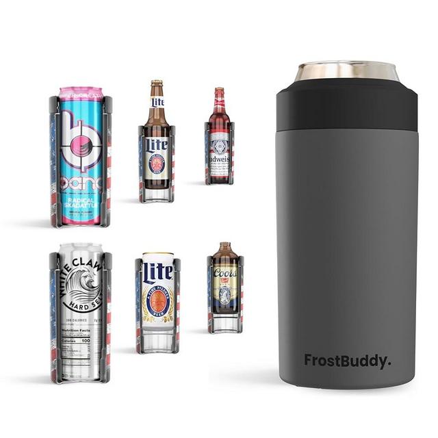 Frost Buddy Universal Can Cooler - Fits all - Stainless Steel Can Cooler for 12 oz & 16 oz Regular or Slim Cans & Bottles - Stainless Steel (Charcoal)