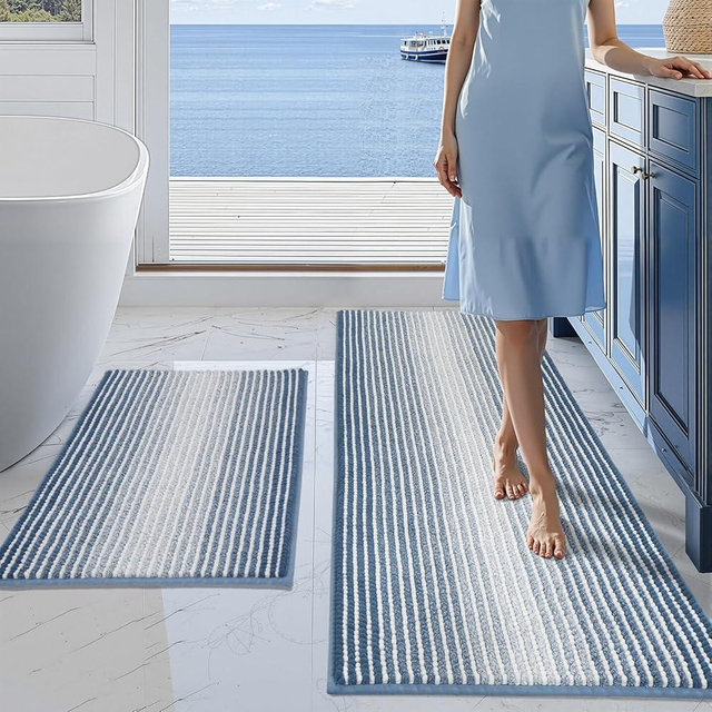 BSICPRO Bathroom Rugs and Mats Sets, 2 Piece Thick Absorbent Chenille Bath Mat Rug Set Non Slip, Soft Shaggy Bath Room Floor Mats for Bathroom, Machine Washable (Fog Blue, 20" x 47" Plus 20" x 32")