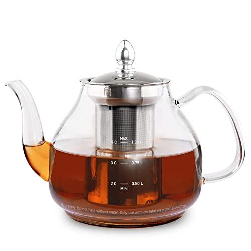 COSORI Glass Teapot Scale Line & Removable Stainless Steel Infuser Stovetop Safe Gooseneck Kettle for Blooming and Loose Leaf Tea Brewer, BPA Free Durable Borosilicate, 1000mL, Transparent