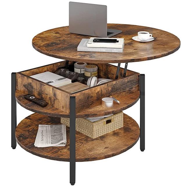 FABATO Round Lift Top Coffee Table for Living Room, 33.54'' Round Coffee Table with Storage and Hidden Compartment, 2 Tier Small Farmhouse Coffee Table Round Dining Table, Rustic Brown