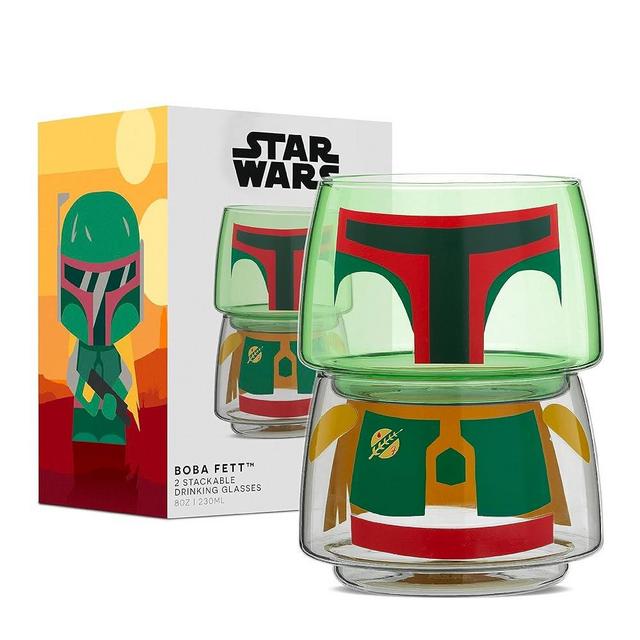 JoyJolt Character Stackable Star Wars Drinking Glasses. 8oz Boba Fett Drinkware Glass Set of 2 with Head and Body! Fun Mixed Drink Glasses, Water Glasses and Star Wars Kitchen Accessories, JSW10857