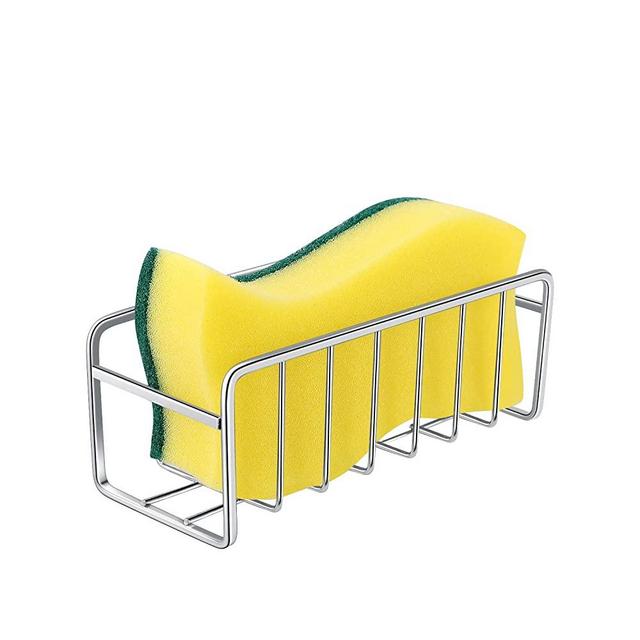 No Falling Sponges Holder with Strong Adhesive, 18/8 Stainless Steel Sponge Organization Basket for Kitchen Sink, Kitchen Sink Holder for Sponges, Scrubbers, Silver