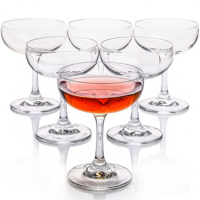 FAWLES Crystal Coupe Glasses, Set of 6, 7 Ounce(220ml), Elegant Short Stem Design, Clear Cocktail Glasses Sets Perfect for Drinking Champagne, Sweet Wine, etc.