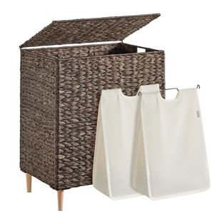 SONGMICS Laundry Hamper 2 Sections, 34.3 Gal. (130 L) Handwoven Water Hyacinth Wicker Laundry Basket with Lid, Natural Material, Removable Machine Washable Liners, Handles, Espresso ULCB202K01
