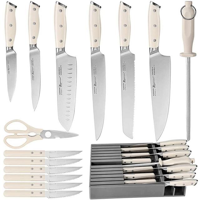 ROMANTICIST Knife Set 16-Piece Kitchen Knife Set,German Stainless Steel Sturdy Durable Kitchen Knives, Razor Sharp,Knife Set with Block,Cutting Board and Knife Sharpner White Knife Set