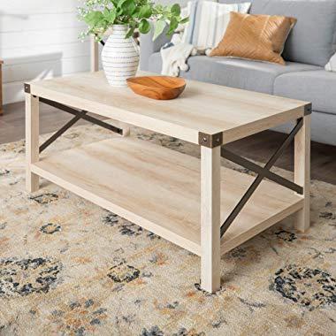 WE Furniture AZF40MXCTWO Rustic Modern Farmhouse Metal and Wood Rectangle Accent Coffee Table Living Room Ottoman Storage Shelf, White Oak
