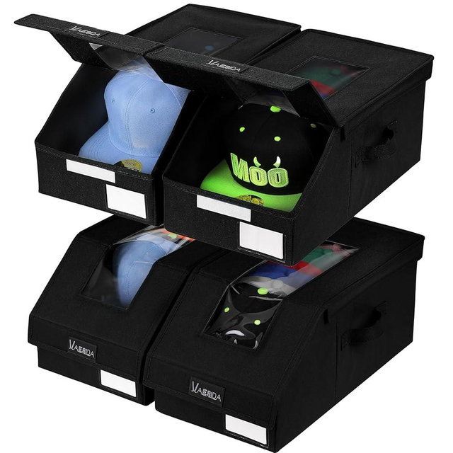 VAESIDA Hat Organizer for Baseball Caps, 4 Pack Hat Storage Box, Holds up to 56 Caps, Baseball Cap Organizer for Closet/Shelf, Hats Box Holder | Stackable, Foldable, Easy-Access, Clear Lid, Black