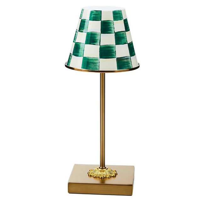 MACKENZIE-CHILDS LED Rechargeable Cafe Table Lamp, Cordless Decorative Lamp, Green-and-White Emerald Check