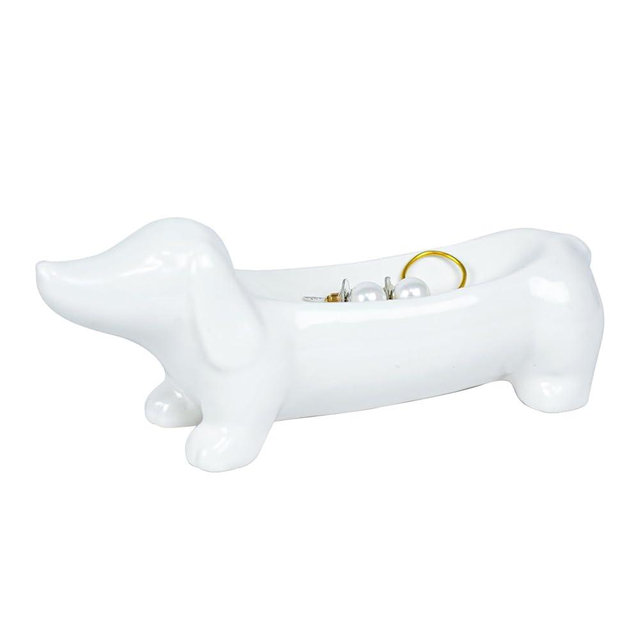 YOBRO Dachshund Ceramic Trinket Tray for Jewelry & Keys - Mini Decorative Dish, Dog Lover Gift, Engagement Ring Organizer (White)