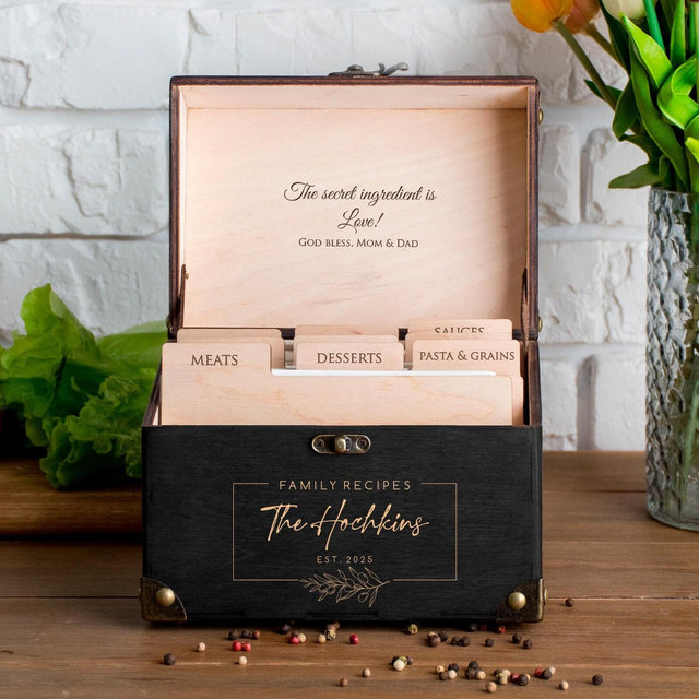 Personalized Recipe Box with Dividers and Recipe Cards for Bridal Shower Gift Wooden Recipe Card Box Custom Kitchen Storage Recipe Organizer