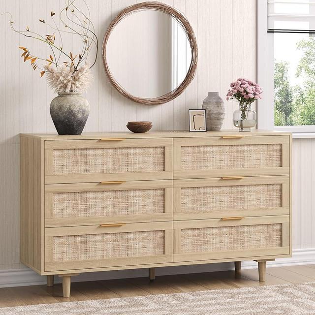 Angel Sar Rattan Dresser for Bedroom, 6 Drawer Wide Dresser, Boho&Farmhouse Chest of Drawers, 51" Clothes Storage Cabinet, Metal Handle&Wood Legs for Hallway, Living Room, Bedroom, Wood